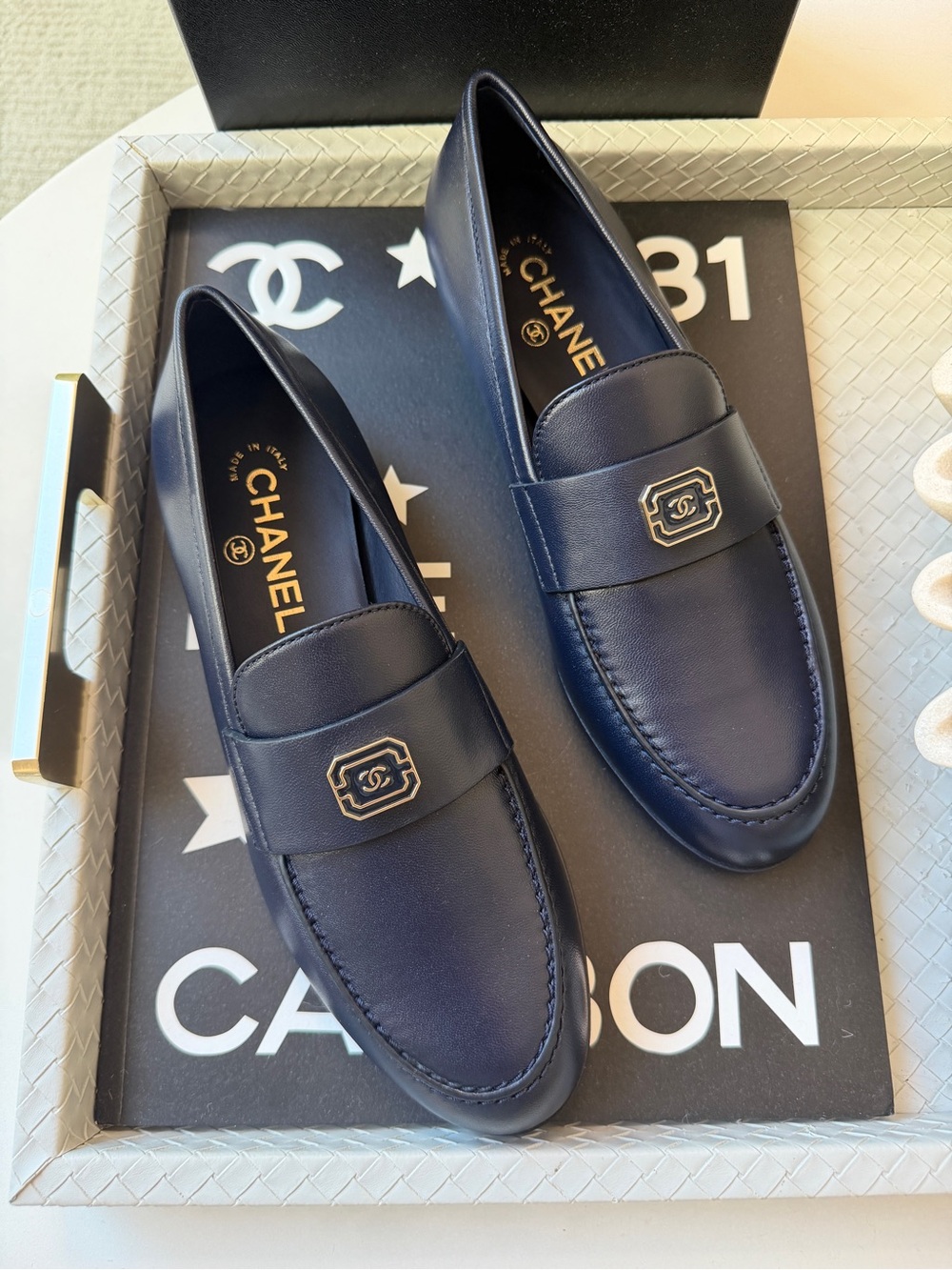 Chanel 2024 Classic Lambskin Leather Blue Enamel CC Logo Moccasins Loafers 39